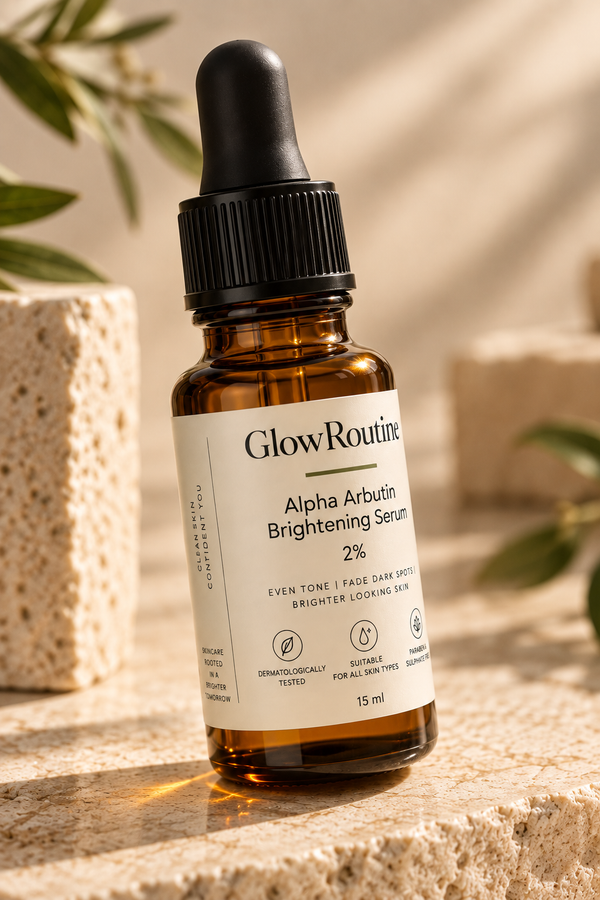 GlowRoutine Alpha Arbutin Brightening Serum product packaging on a warm stone surface