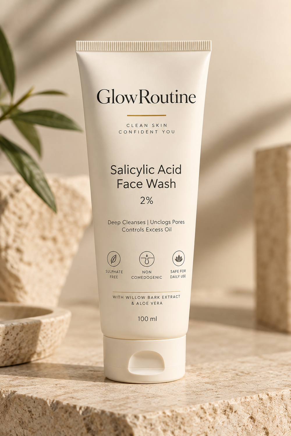 GlowRoutine Salicylic Acid Face Wash product packaging on a warm stone surface