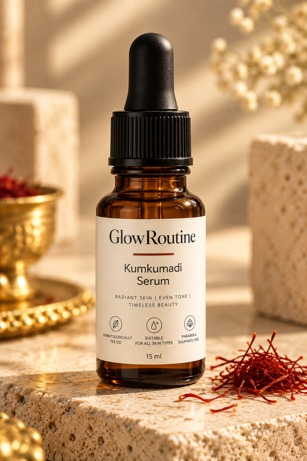 GlowRoutine Kumkumadi Serum product packaging on a warm stone surface