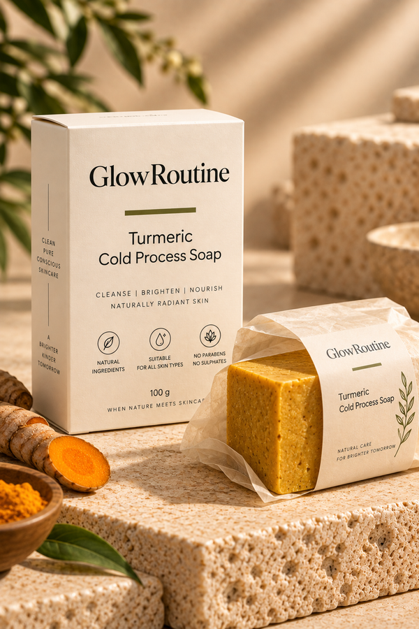 GlowRoutine Turmeric Cold Process Soap product packaging on a warm stone surface
